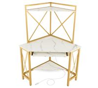 CostwayBureau d'Angle avec Clapier Bureau Peu Encombrant Étagères Plateau pour Clavier Table avec Huche Cadre en Métal Blanc