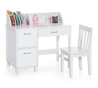 CostwayBureau d'Étude pour Enfants avec Chaise Poste de Travail en Bois avec Séparateurs de Livres Tiroir de Rangement pour 3 Ans+ Blanc