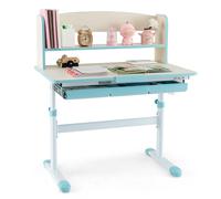 CostwayBureau d'Etude pour Enfants Réglable en Hauteur Plateau Inclinable avec Huche Tiroir Règle de Mesures pour 3-12 Ans Bleu