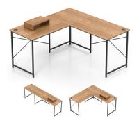 CostwayBureau en Forme de L Réversible de 150 cm avec Prise Intégrée Support Amovible pour Hôte/Écran Trous de Gestion des Câbles Naturel
