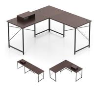 CostwayBureau en Forme de L Réversible de 150 cm avec Prise Intégrée Support Amovible pour Hôte/Écran Trous de Gestion des Câbles Café