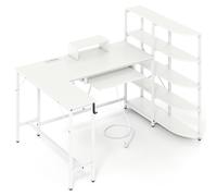 CostwayBureau en L avec Étagères de Rangement Bureau d?Ordinateur d?Angle avec Station de Charge Bureau de Jeu avec Support 160*108*109cm Blanc