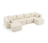 CostwayCanapé d'Angle Modulable en Velours Côtelé avec Assise Profonde 2 Tabourets Coussins Accoudoirs Poches Latérales Housses Lavables Beige