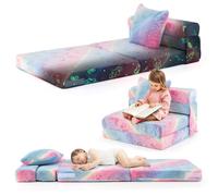 CostwayCanapé Lit Pliant pour Enfants Matelas de Sol Lumineux pour Tout-Petits avec Coussin et Housse Lavable en Machine Multicolore