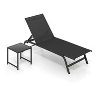 CostwayChaise Longue Extérieur avec Roulettes et Table d'Appoint Bain de Soleil Inclinable avec Dossier Réglable à 6 Niveaux Charge 150 kg Noir