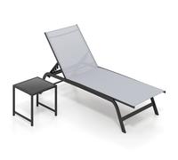 CostwayChaise Longue Extérieur avec Roulettes et Table d'Appoint Bain de Soleil Inclinable avec Dossier Réglable à 6 Niveaux Charge 150 kg Gris