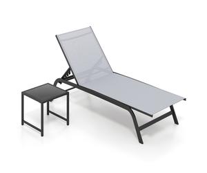 CostwayChaise Longue Extérieur avec Roulettes et Table d'Appoint Bain de Soleil Inclinable avec Dossier Réglable à 6 Niveaux Charge 150 kg Gris