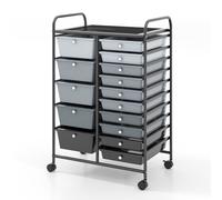 CostwayChariot avec Tiroirs avec 2 Freins à Pieds Chariot de Rangement avec 15 Tiroirs en Plastique 63 x 37 x 87 CM Noir + Gris