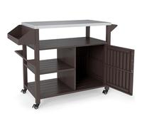 CostwayChariot de Grill Extérieur Table de Préparation Mobile avec Armoire de Rangement Étagères et Plateau en Acier Inoxydable Porte-épices Marron
