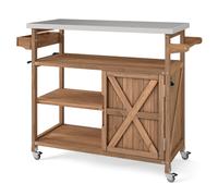 CostwayChariot en Bois avec Rangement Îlot de Cuisine avec 3 Étagères Ouvertes & Armoire Support à Épices Porte-Serviettes 4 Roulettes Naturel
