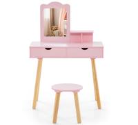 CostwayCoiffeuse 2 en 1 pour Enfants Table de Toilette et Tabouret en Boisavec 1 Miroir RectangulaireÂgés de 3 à 7 Ans Rose Pâle