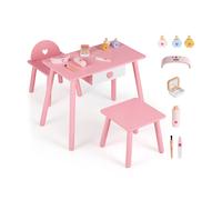 CostwayCoiffeuse Enfant Fille en Bois avec 2 Chaises Table de Maquillage Princesse avec Outils de Manucure Tiroir et 2 Tabourets Rose