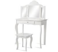 CostwayCoiffeuse Enfant Rose avec Tabouret Table de Maquillage avec Miroir à Trois Panneaux et Tiroir 70 x 34 x 104 CM Blanc