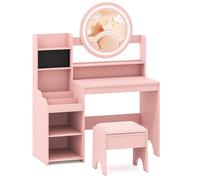 CostwayCoiffeuse pour Enfants avec Miroir & Lumières Table de Maquillage de Princesse avec Étagères Ouvertes Emplacements pour Bagues Rose