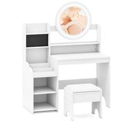 CostwayCoiffeuse pour Enfants avec Miroir & Lumières Table de Maquillage de Princesse avec Étagères Ouvertes Emplacements pour Bagues Blanc