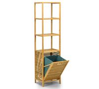 CostwayColonne pour Salle de Bain avec Panier à Linge Basculant et 3 Etagères de Rangement Meuble en Bambou et Toile d'Oxford