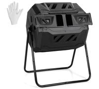 CostwayComposteur de Jardin Portable 160 L en PP avec Double Chambre Rotatif 2 Portes Coulissantes 2 Gants Système d'Aération Noir