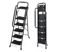 CostwayÉchelle 5 Marches avec Plateau Porte-outils Escabeau Métallique Robuste avec Pédales Larges Antidérapantes Patins Main Courante Noir