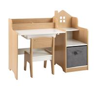 CostwayEnsemble Bureau et Chaise pour Enfants Table d'étude pour Enfants avec Etagères Ouvertes Tiroir et Bac de Rangement en Tissu Naturel