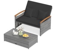 CostwayEnsemble Canapé-lit en Rotin pour Terrasse Canapé 2 Places et Pouf avec Rangement Dossier Réglable sur 4 Niveaux et Tables d'Appoint Noir