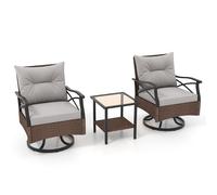 CostwayEnsemble de Meubles de Patio 3 Pièces en Rotin avec 2 Chaises à Bascule Pivotantes à 360° & 1 Table Basse en Verre Trempé à 2 Niveaux Marron