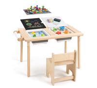 CostwayEnsemble de Table et Chaises Enfant Table d'Activités en Bois avec 2 Casiers 2 Plateaux de Construction 2 Crochets 86 x 55 x 51 CM Naturel