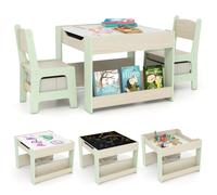 CostwayEnsemble de Table et Chaises pour Enfants 3 PCS Table d'Activités 4 en 1 avec Plateau Réversible Étagères à Livres Vert