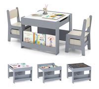 CostwayEnsemble de Table et Chaises pour Enfants 3 PCS Table d'Activités 4 en 1 avec Plateau Réversible Étagères à Livres Gris+Naturel