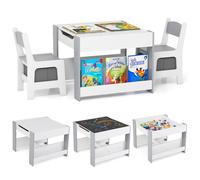 CostwayEnsemble de Table et Chaises pour Enfants 3 PCS Table d'Activités 4 en 1 avec Plateau Réversible Étagères à Livres Gris