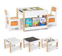 CostwayEnsemble de Table et Chaises pour Enfants 3 PCS Table d'Activités 4 en 1 avec Plateau Réversible Étagères à Livres Naturel