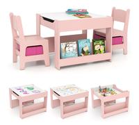 CostwayEnsemble de Table et Chaises pour Enfants 3 PCS Table d'Activités 4 en 1 avec Plateau Réversible Étagères à Livres Rose