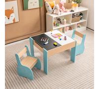 CostwayEnsemble Table et 2 Chaises Enfant avec Plateau Ardoise pour Dessiner 2 Compartiments de Rangement Angles Arrondis pour 3 Ans+ Bleu