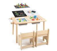 CostwayEnsemble Table et Chaises Enfant Table d'Activités en Bois avec 2 Casiers 2 Plateaux de Construction 2 Crochets 86 x 55 x 51 CM Naturel
