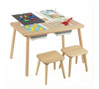 CostwayEnsemble Table et Chaises pour Enfants avec Plateaux Réversibles Amovibles & 2 Bacs de Rangement Pieds Solides en Pin pour 3 Ans+ Naturel