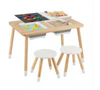 CostwayEnsemble Table et Chaises pour Enfants avec Plateaux Réversibles Amovibles & 2 Bacs de Rangement Pieds Solides en Pin pour Naturel + Blanc