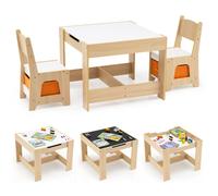 CostwayEnsemble Table et Chaises pour Enfants Table d'Activités en Bois avec 2 Sièges Plateau Réversible Détachable Tiroirs en Tissu Naturel