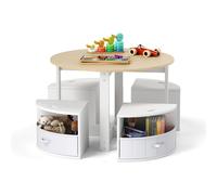 CostwayEnsemble Table et Chaises pour Enfants Table Gigogne Ronde avec 4 Tabourets 4 Tiroirs en Tissu Naturel et Blanc