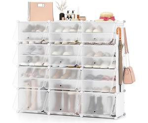 CostwayÉtagère à Chaussures à 8 Niveaux Armoire à Chaussures en Plastique pour 48 Paires avec Crochet de Suspension Latéral Réglable Blanc