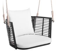 CostwayFauteuil Chaise Suspendu en Rotin PE Charge 180KG 2 Cordes Crochets Cadre en Métal Coussins Porche Jardin Blanc