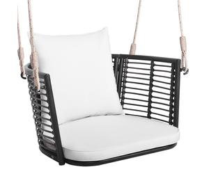 CostwayFauteuil Chaise Suspendu en Rotin PE Charge 180KG 2 Cordes Crochets Cadre en Métal Coussins Porche Jardin Blanc