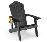 CostwayFauteuil de Jardin Adirondack en HIPS Bois Massif Imperméable avec Porte-Gobelet Charge 170KG pour Piscine Terrasse Noir