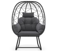 CostwayFauteuil ½uf en Rotin pour Patio Chaise Longue Surdimensionnée avec Coussin Amovible Oreiller & Support en Métal Gris