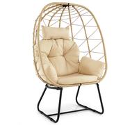 CostwayFauteuil ½uf en Rotin pour Patio Chaise Longue Surdimensionnée avec Coussin Amovible Oreiller & Support en Métal Beige