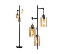 CostwayLampadaire Autonome Lampadaire Rétro avec Abat-Jour en Verre Ambré à 3 Têtes Suspendues Interrupteur à Pied Base en Métal Noir