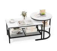 CostwayLot de 2 Tables Basses Gigognes Scandinaves Table d'Appoint Imprimée Marbre Cadre en Métal Doré Repose-pieds Réglables Noir