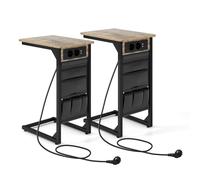 CostwayLot de 2 Tables d'Appoint en Forme de ?C? en Métal Station de Charge Poches de Rangement Latérales 2 Prises et 2 Ports USB Marron Rustique