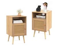 CostwayLot de 2 Tables de Chevet avec à Porte Cannage et Pieds en Bois Massif Table de Nuit Bohême Fermeture Silencieuse 40x39x70cm Naturelle