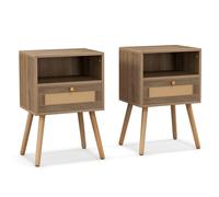 CostwayLot de 2 Tables de Chevet en Rotin Petite Table d'Appoint avec Tiroir 2 Tables de Nuit en Bois Table d'Appoint Compacte Multifonctionnelle Naturel