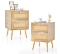 CostwayLot de 2 Tables de Chevet en Rotin Table de Nuit Bohème avec 2 Tiroirs de Rangement Table D'appoint Moderne Du Milieu Du Siècle Pieds Naturel