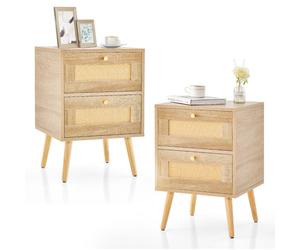CostwayLot de 2 Tables de Chevet en Rotin Table de Nuit Bohème avec 2 Tiroirs de Rangement Table D'appoint Moderne Du Milieu Du Siècle Pieds Naturel